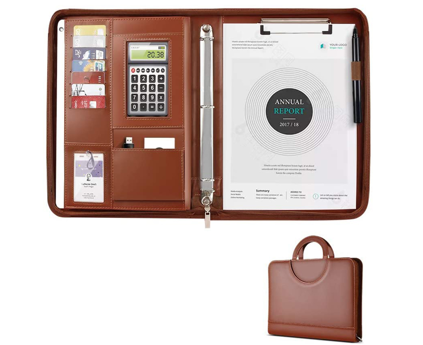 Professional Leather Portfolio Folder with Calculator Padfolio with 3 Ring Binder Mens Business Portfolio Case for Interview 