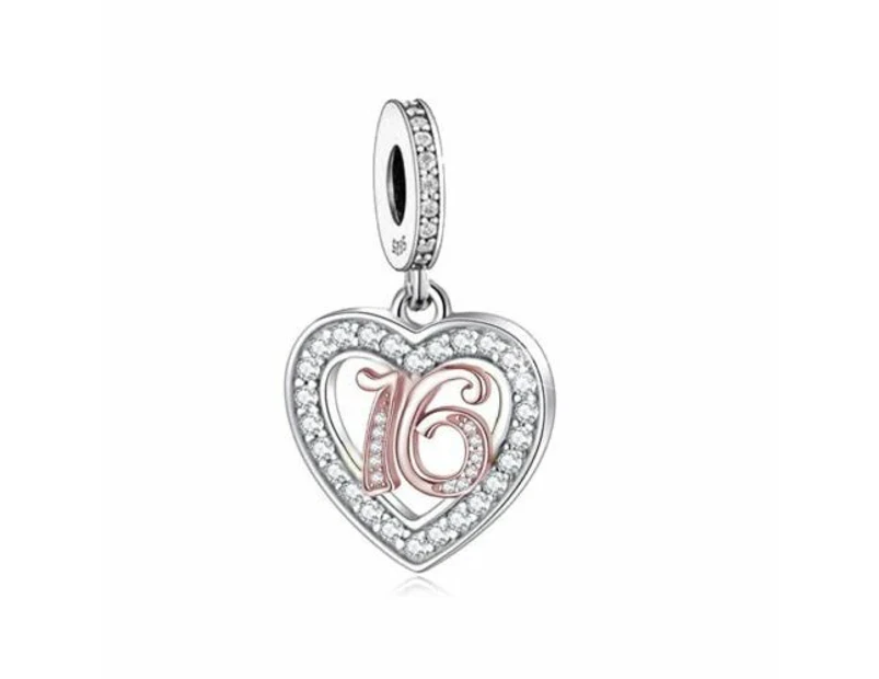 S925 Silver & Rose Gold 16th Birthday Open Heart Charm by YOUnique Designs Pandora Compatible