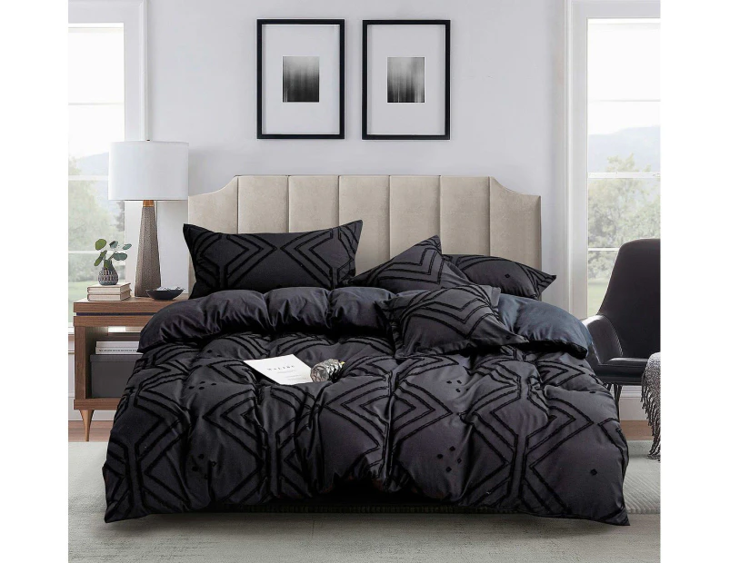 Tufted Textured Jacquard Quilt/Doona/Duvet Cover Set (Queen/King/Super King Size Bed) - Black