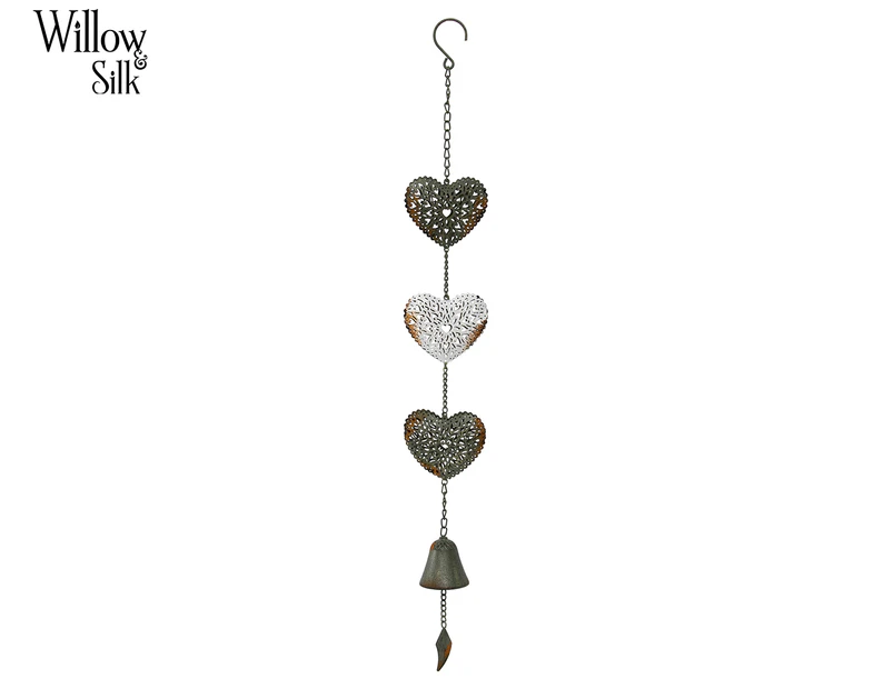 Willow & Silk Hanging Vintage Hearts Bell - Distressed Green/White/Rust