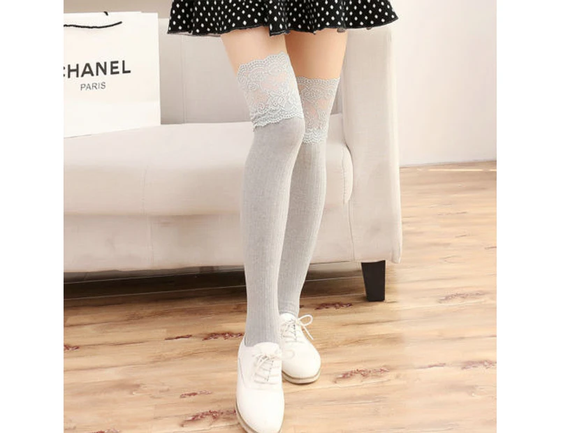 Fashion Thigh-High Over the Knee Socks Long Lace Womens Trim Stockings - Light Grey