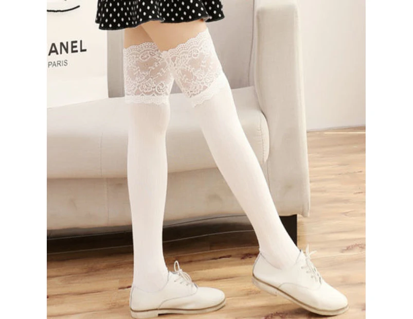 Fashion Thigh-High Over the Knee Socks Long Lace Womens Trim Stockings - White