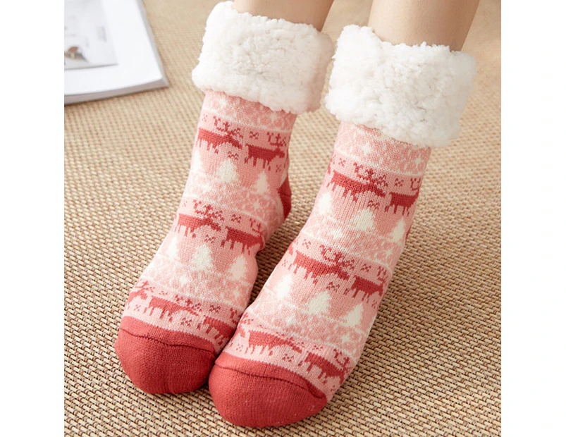 Fashion No-Slip Socks Winter Warm Fleece Reindeer Ladies Lined Bed Floor Slipper Socks - Pink Deer