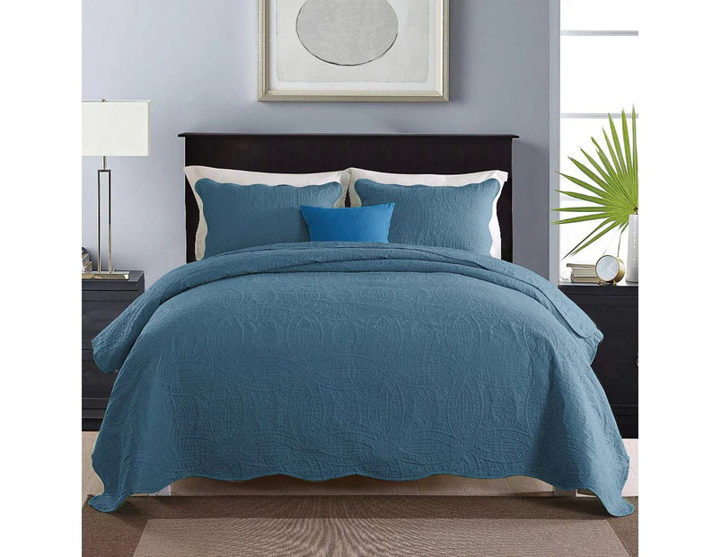 Queen King Super King Size Bed Embossed Coverlet Bedspread Set Comforter Quilt Blue