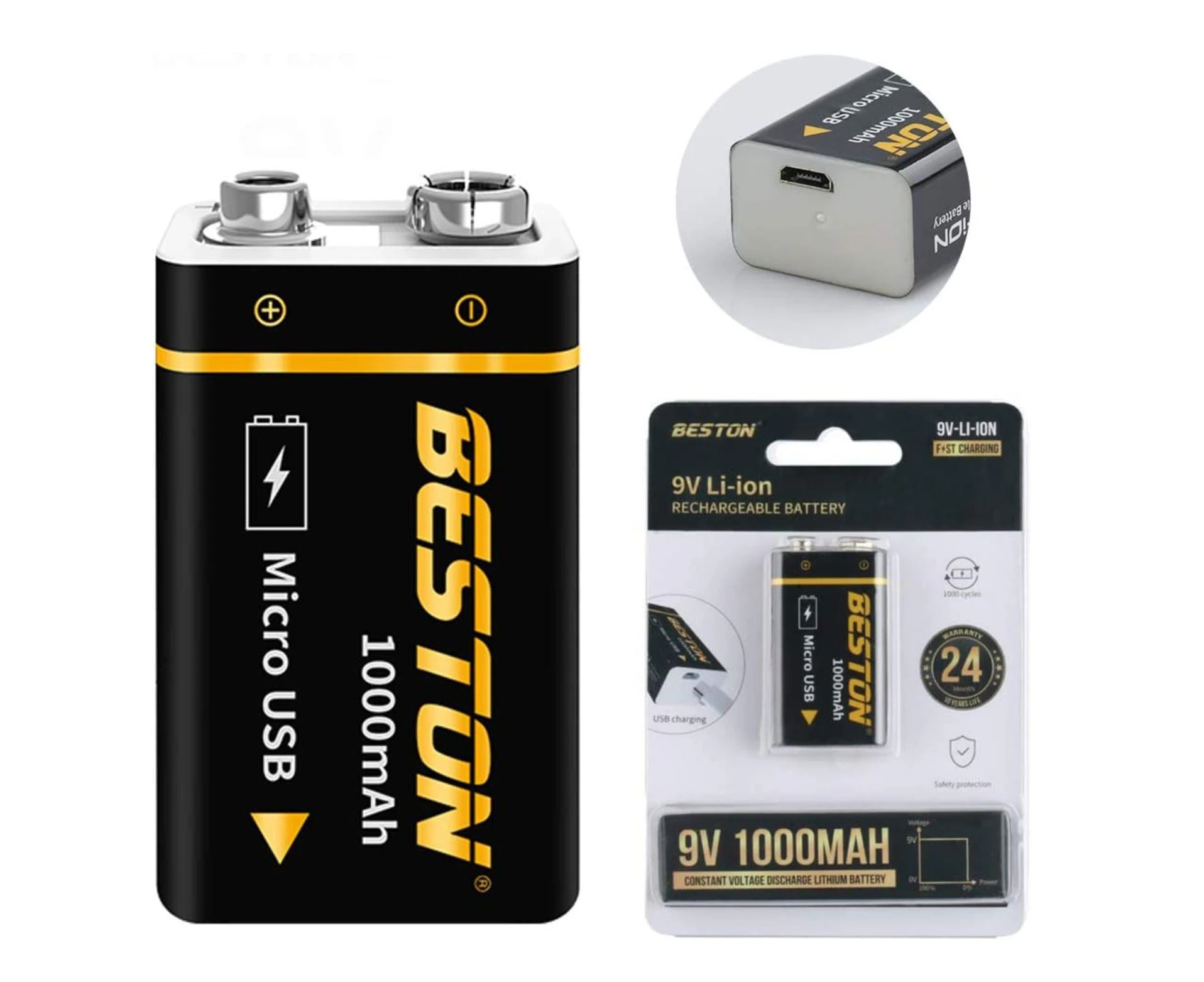 Beston Micro USB 9v Rechargeable Battery Li-ion Battery 9000mWh With cable 1500+ Recharge Cycles