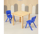 60CM Square Wooden Kids Table and 2 Blue Chairs Childrens Desk Pinewood Natural