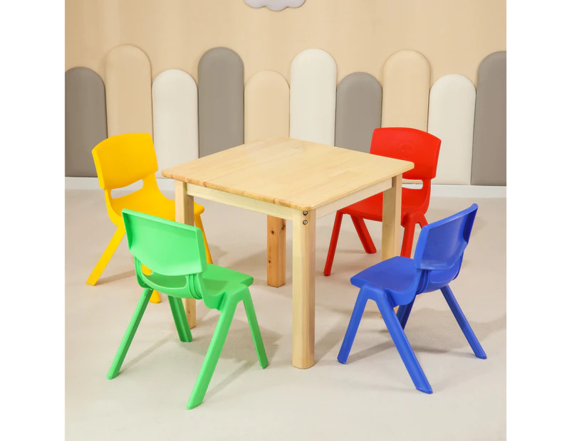 60CM Square Wooden Kids Table and 4 Mixed Chairs Childrens Desk Pinewood Natural