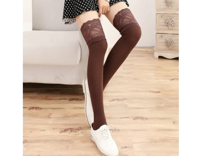 Thigh-High Over the Knee Socks Long Lace Womens Trim Stockings - Coffee