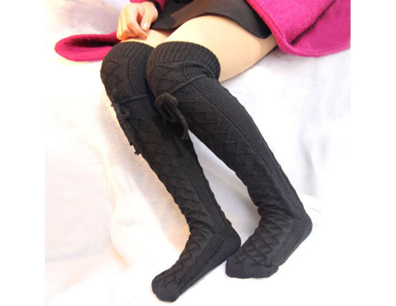 Solid Winter Warm Over The Knee Socks Ladies Thigh High Thick Long Stocking - Black