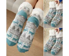 No-Slip Socks Winter Warm Reindeer Fleece Ladies Lined Bed Floor Slipper Socks - Lake Blue Deer