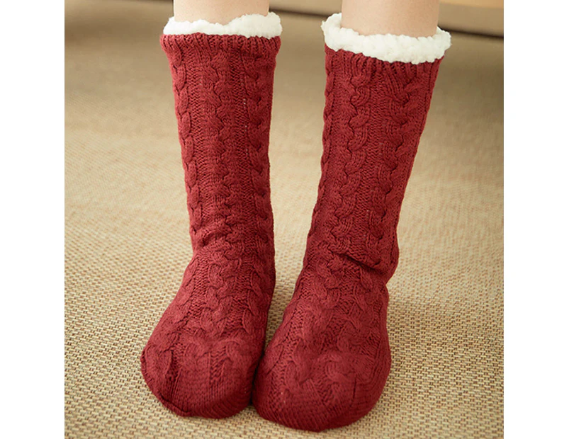 Thick Socks Fluffy Non-slip Warm Soft Ladies Bed Home Winter Socks - Wine Red