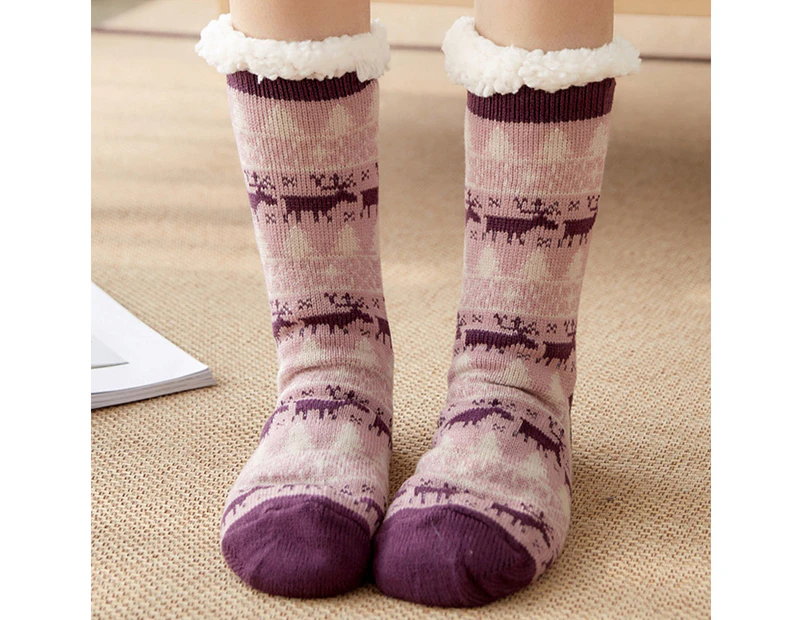 No-Slip Socks Winter Warm Reindeer Fleece Ladies Lined Bed Floor Slipper Socks - Purple Deer