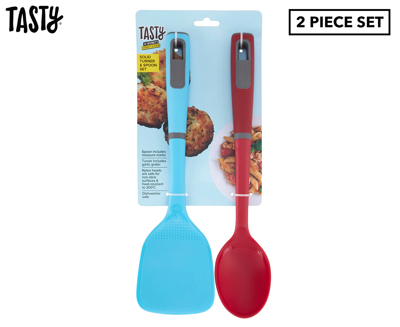 2pc Tasty Non-Stick Solid Turner & Spoon Kitchen Cooking Utensil Set Blue/Red