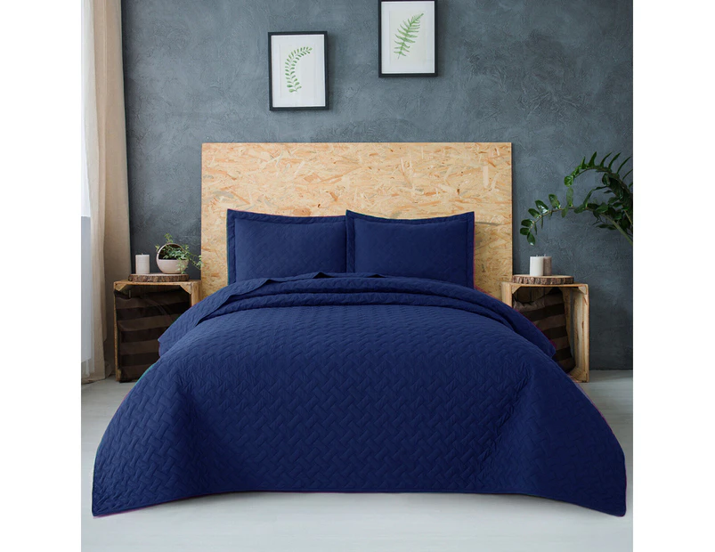 Queen King Super King Size Bed Chic Embossed Coverlet Bedspread Set Comforter Quilt Navy