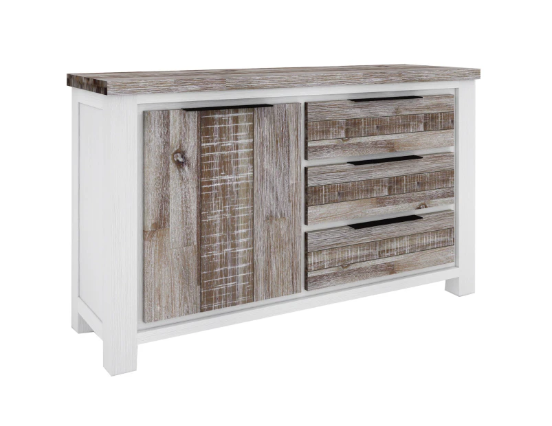 Plumeria Buffet Table 145cm 1 Door 3 Drawer Solid Acacia Timber - White Brush