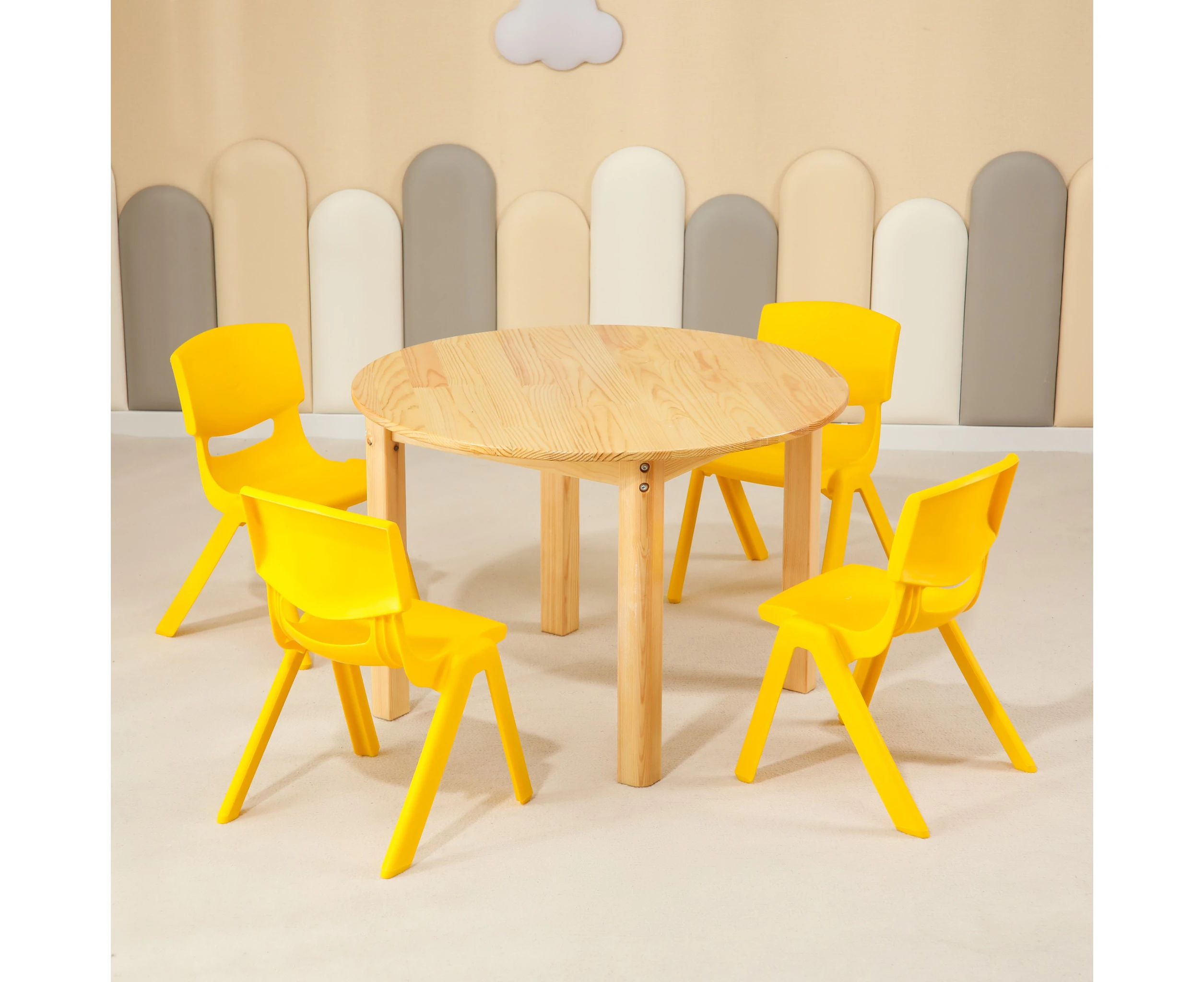 80CM Round Wooden Kids Table and 4 Yellow Chairs Set Pinewood Timber Childrens Desk