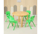 80CM Round Wooden Kids Table and 4 Green Chairs Set Pinewood Timber Childrens Desk