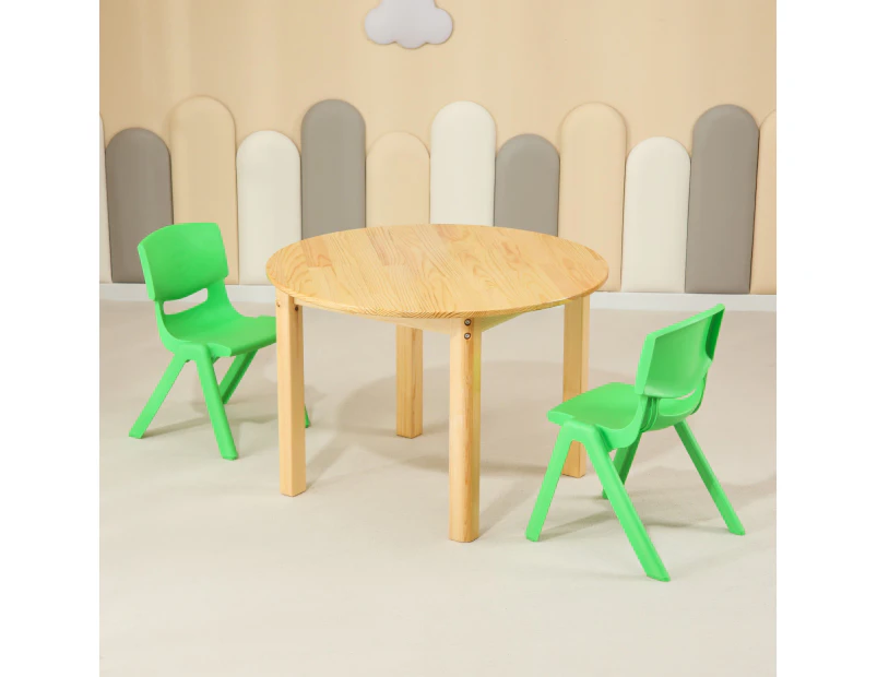 80CM Round Wooden Kids Table and 2 Green Chairs Set Pinewood Timber Childrens Desk
