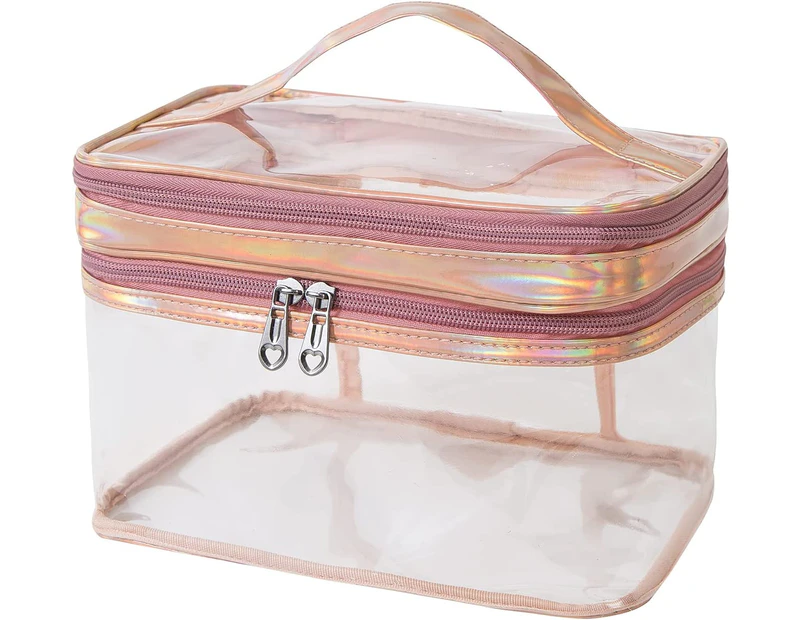 Clear Makeup Bag Travel Toiletry Bag for Women Waterproof Cosmetic Bag Cute Makeup Bag Double Layer Travel Pink Makeup Bag - Pink