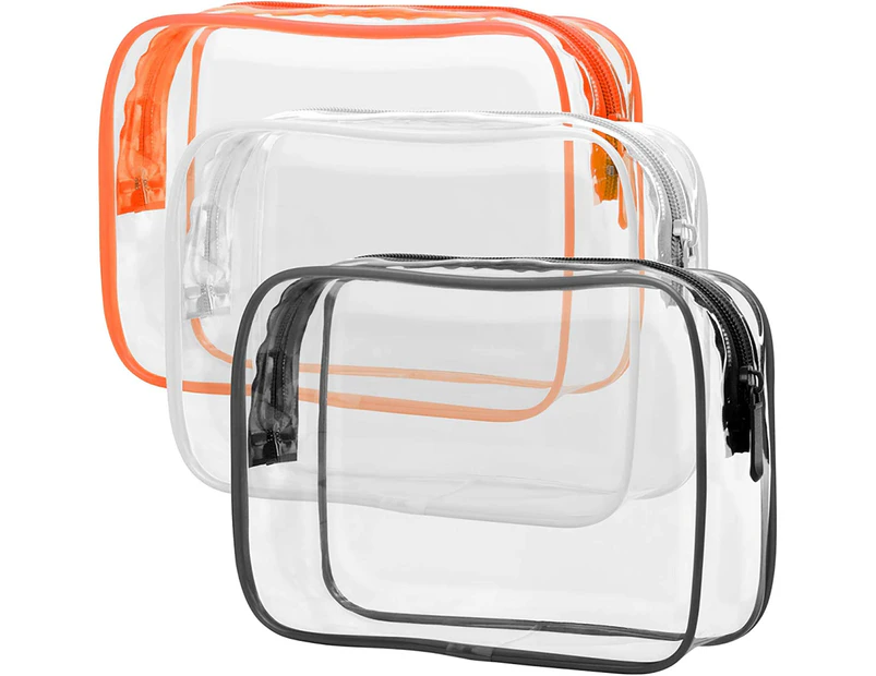 Clear Toiletry Bag, 3 Pack Toiletry Bag Quart Size Bag, Travel Makeup Cosmetic Bag for Women Men, Carry on Airport Airline Compliant Bag - Black, White, Orange