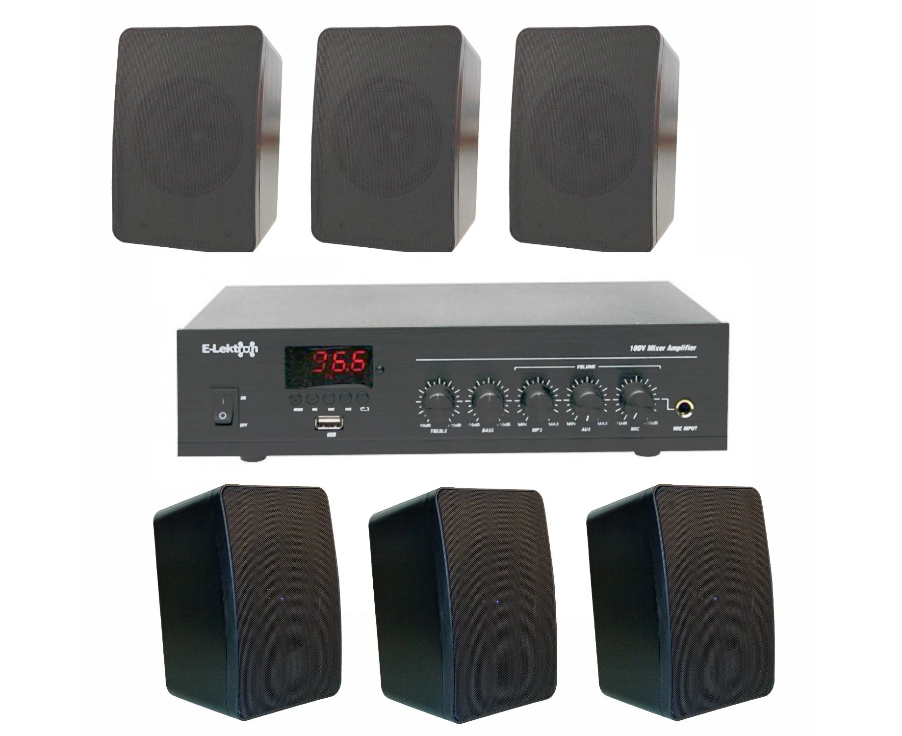 E-Lektron TRM45B 100V Mixer Amplifier Speaker Set with PA-TRON45 and 6 Black Weatherproof ELA speakers