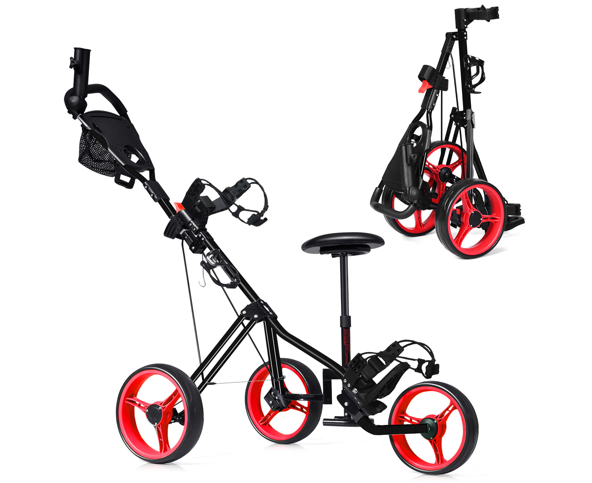 Costway Foldable Pro 3 Wheel Golf Buggy Adjustable Golf Push Cart Trolley w/Seat & Extra Storage,Red