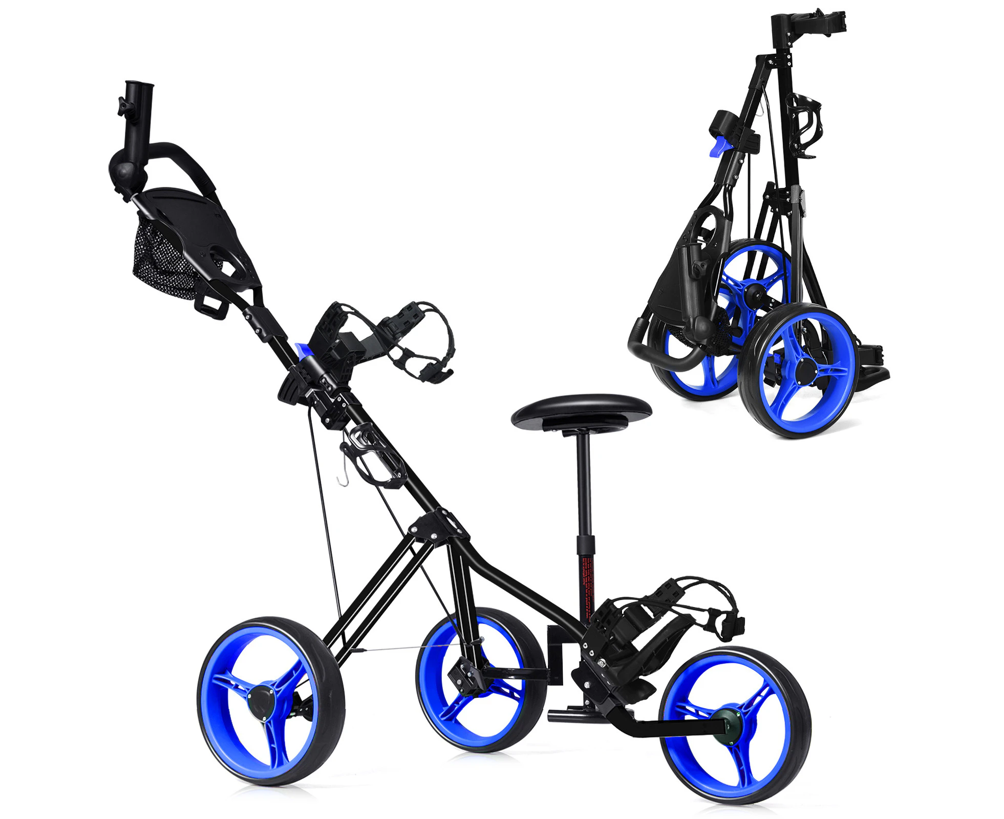 Costway Foldable Pro 3 Wheel Golf Buggy Adjustable Golf Push Cart Trolley w/Seat & Extra Storage,Blue