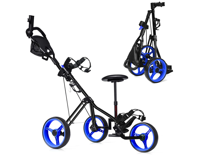 Costway Foldable Pro 3 Wheel Golf Buggy Adjustable Golf Push Cart Trolley w/Seat & Extra Storage,Blue