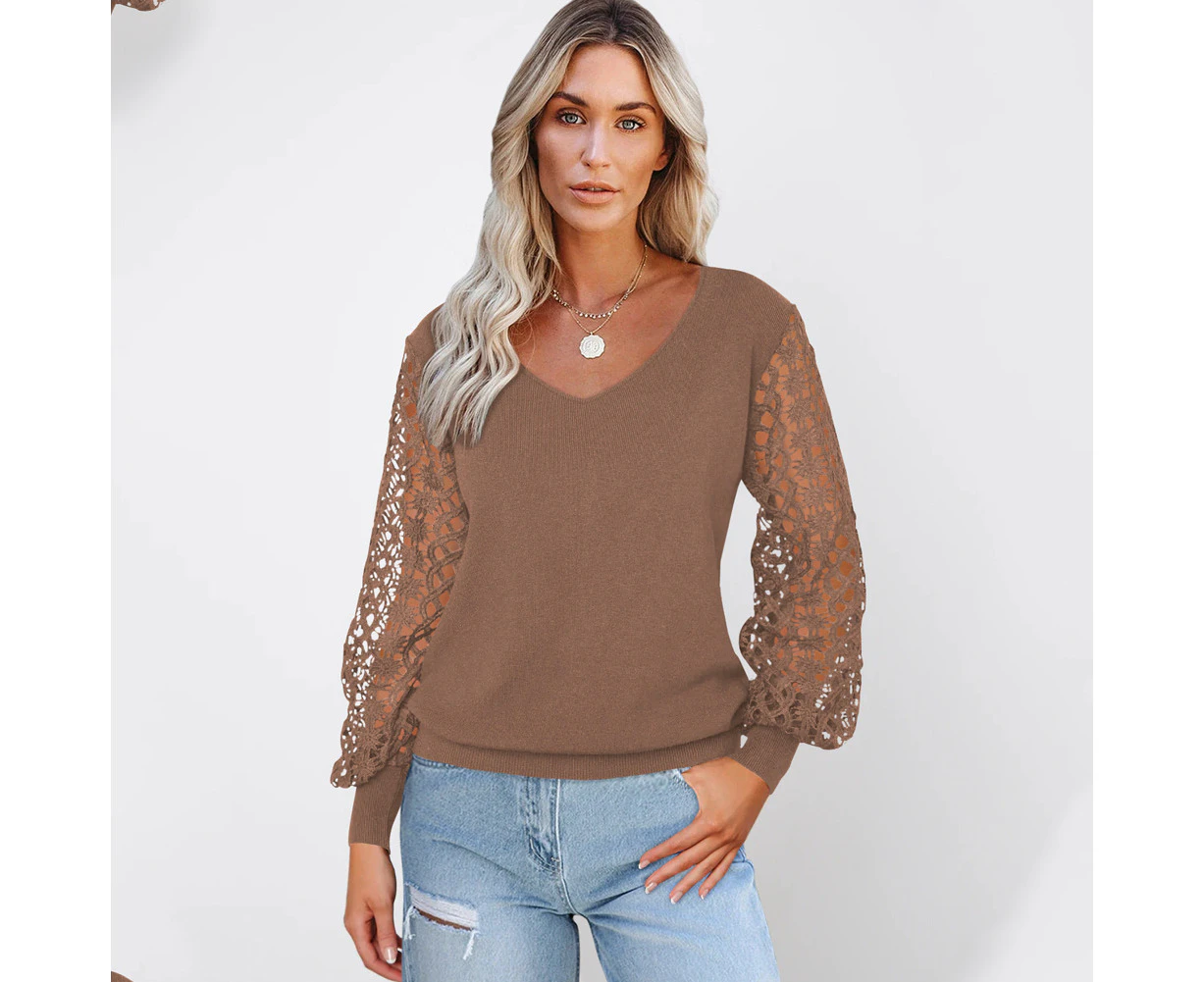 Bonivenshion Women's Casual Long Sleeve Blouse Fashion V-neck Blouses and Tops for Women Pullovers Sexy Hollow out Embroidery Shirts-Coffee