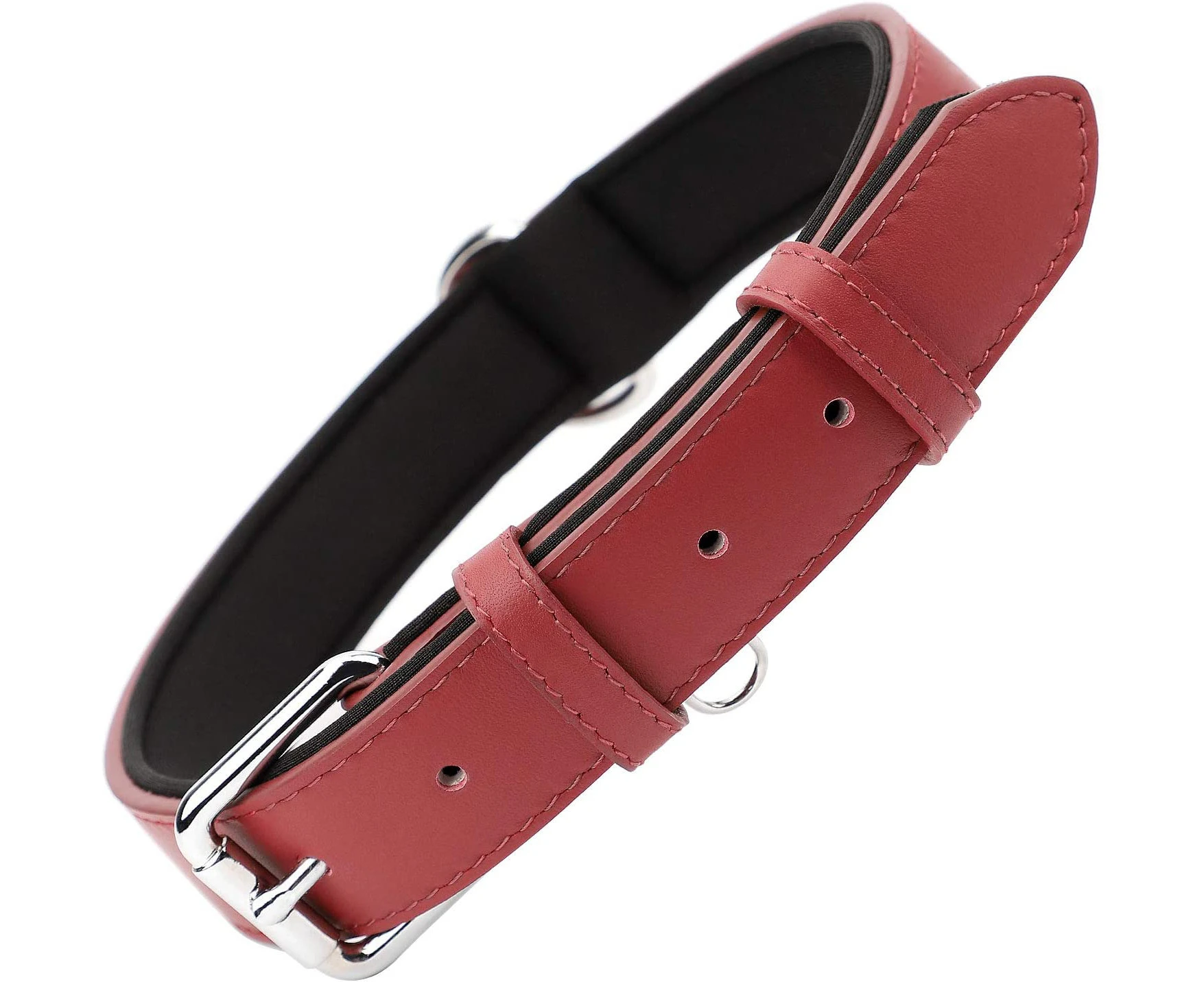 Adjustable Dog Collar Soft Cushion Padded Leather with Hole Punch, Red-L-Suitable for dogs from 20 to 40 kg