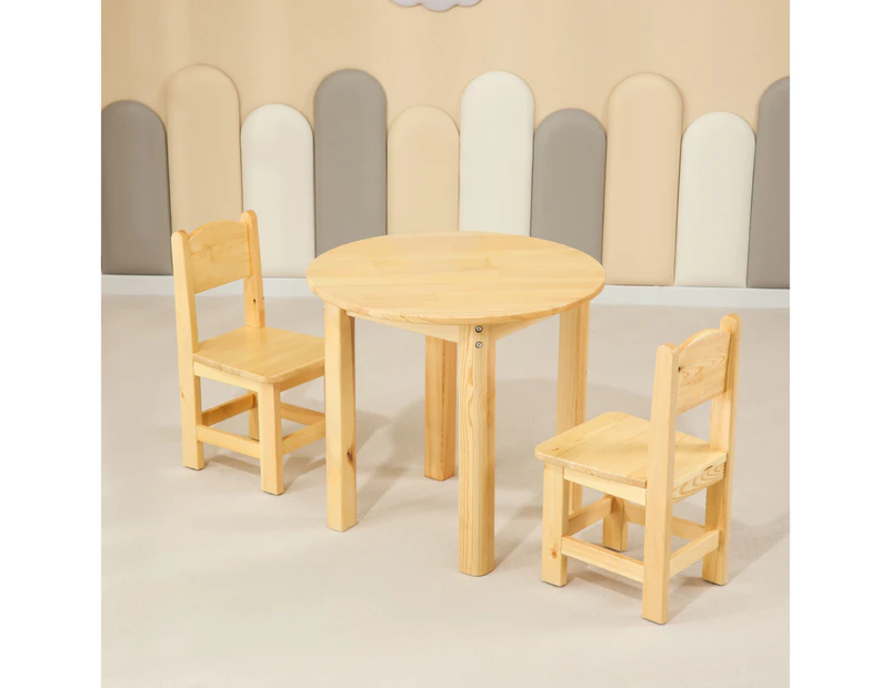 60CM Round Wooden Kids Table and 2 Wooden Chairs Set Pinewood Childrens Desk