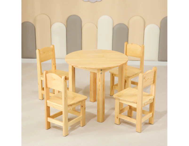 60CM Round Wooden Kids Table and 4 Wooden Chairs Set Pinewood Childrens Desk