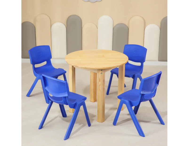60CM Round Wooden Kids Table and 4 Blue Chairs Set Pinewood Timber Childrens Desk