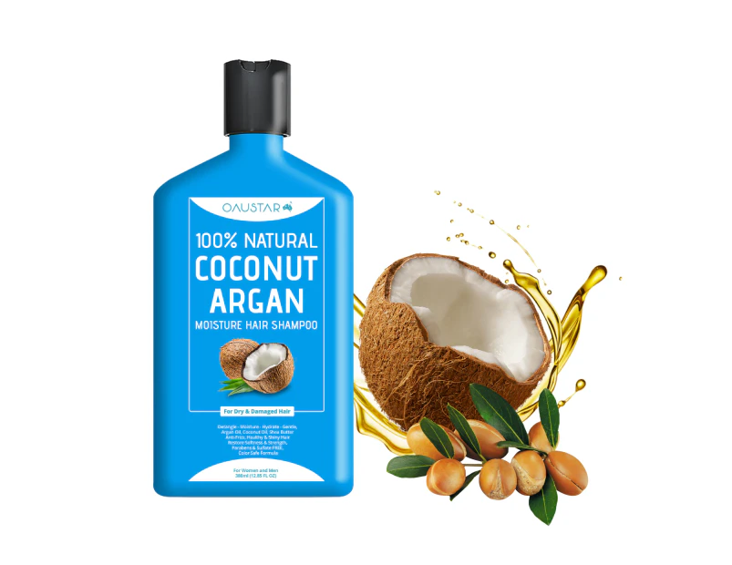 OAUSTAR 100% Natural Coconut Argan Moisture Hair Shampoo Anti-Frizz, Healthy & Shiny Hair (For Dry, Damage, Thin, Fine Hairs) 380ml