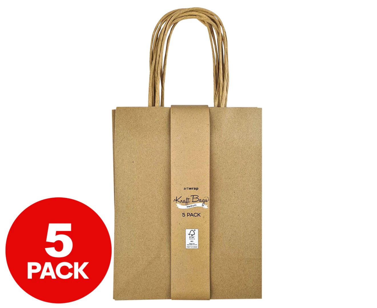 IG Design Medium Kraft Gift Bags 5pk - Natural