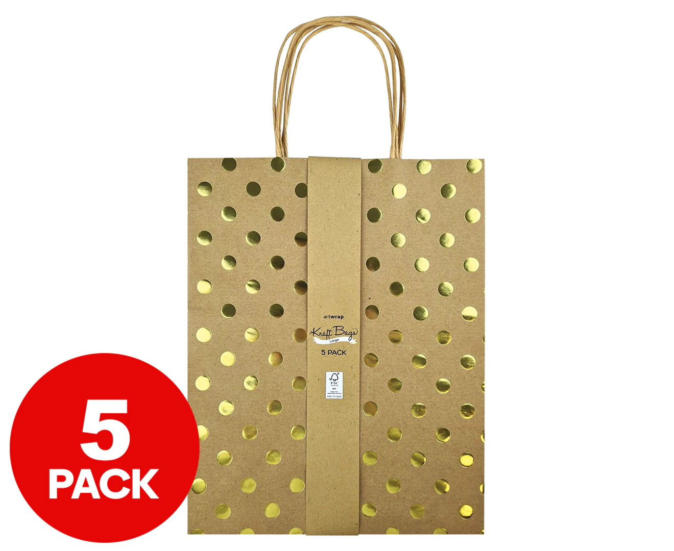 IG Design Large Kraft Gift Bags 5pk - Gold Foil Spots