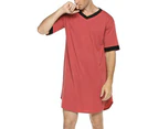 Men Pajamas Robes Night Gown Long Shirt Summer Short Sleeves Top Sleepwear Home Wear Clothes - Red