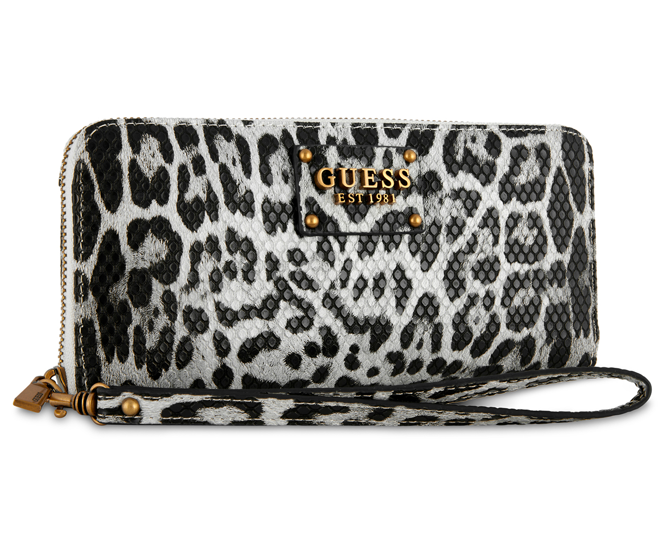 Guess Centre Stage Top Zip Clutch - Black/White Leopard