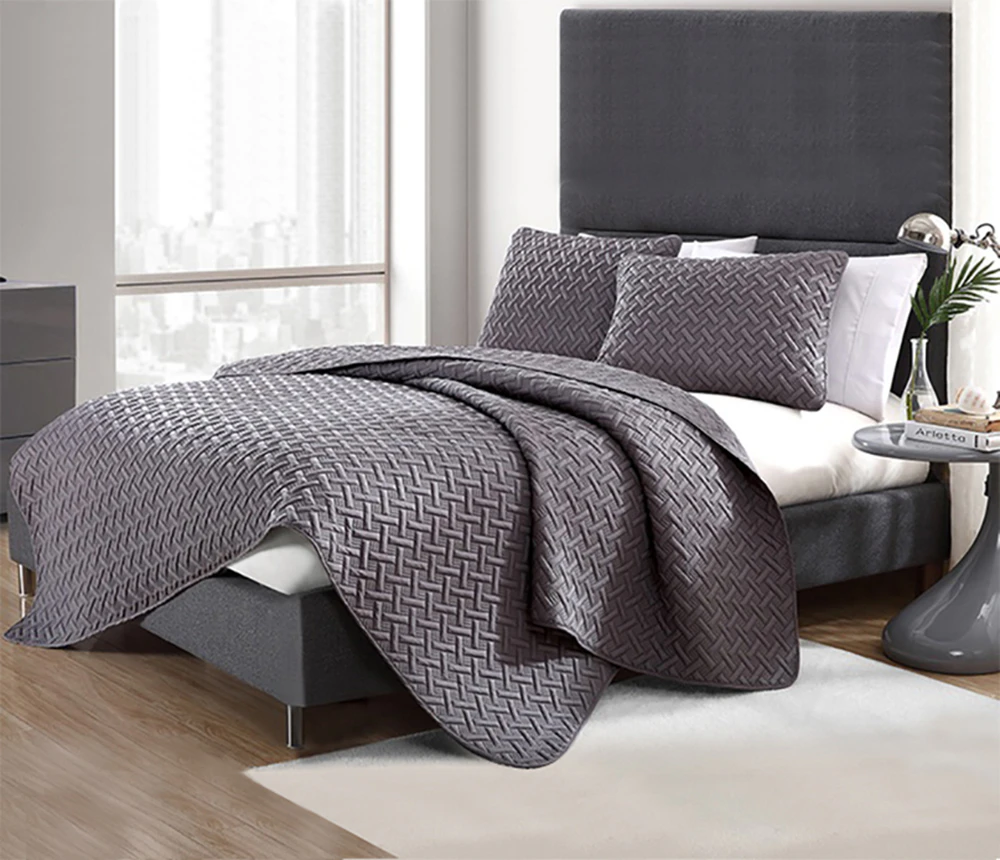 Queen King Super King Size Bed Chic Embossed Coverlet Bedspread Set Comforter Quilt Charcoal