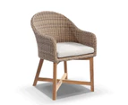 Outdoor Coastal Outdoor Wicker Dining Chair With Teak Timber Legs - Brushed Wheat, Cream cushions - Outdoor Wicker Chairs - Brushed Wheat wicker with Cream cushions