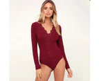 WeMeir Women's Lace V-neck Long Sleeve One-piece Bodysuits Kimono Robe Babydoll Sexy Lingerie Embroidery Nightgown G-string Jumpsuits for Women - Red