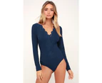 Bonivenshion Women's Sexy V-neck Long Sleeve One-piece Bodysuits Lace Babydoll Lingerie Nightgown G-string Jumpsuits for Women Slim-fit Undershirts - Navy