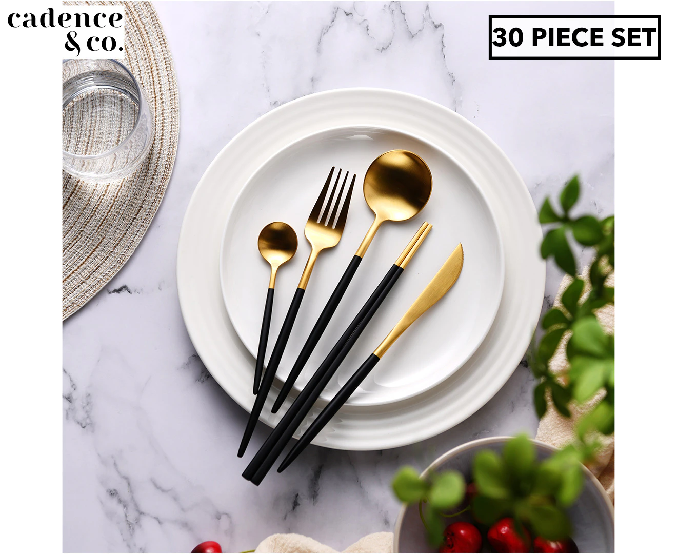 Cadence & Co Hemingway Cutlery and Chopstick Set 30 Piece Matte Black/Gold