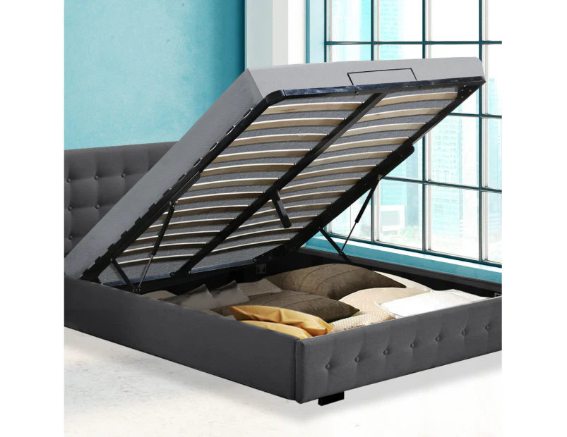 Levede Fabric Bed Frame Queen Tufted Mattress Platform Gas Lift Storage Grey - Dark Grey