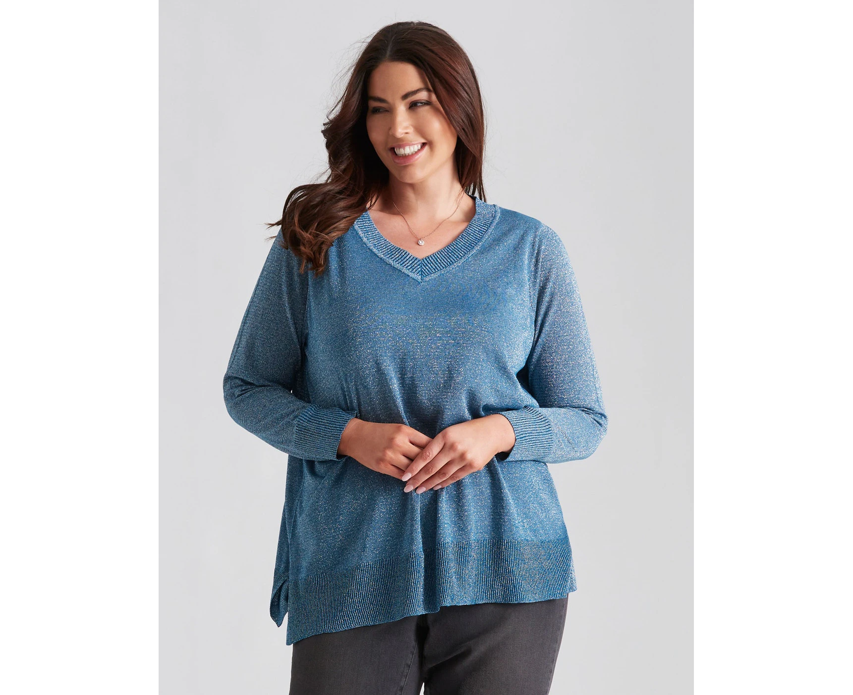 BeMe - Womens Plus Size - Jumper - Summer - Blue - Poncho / Cape - 3/4 Sleeve - Solid - Relaxed Fit - Length Long - Stretch Elastane - Work Clothes