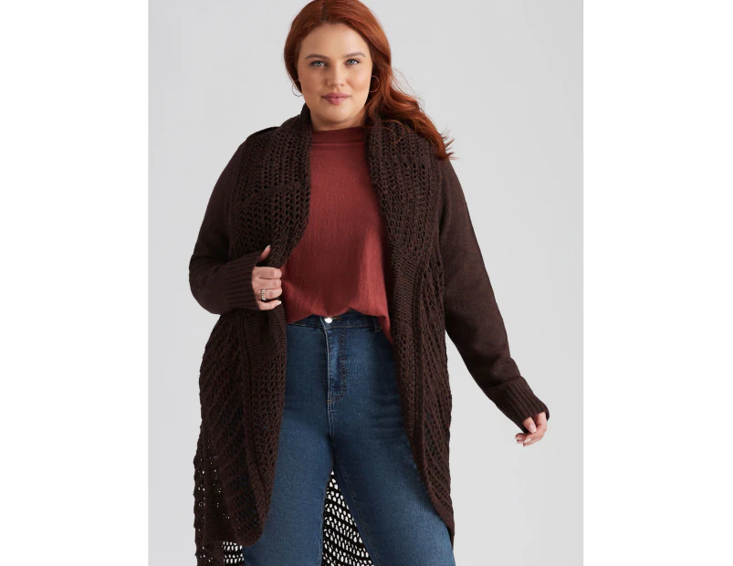 Beme Long Sleeve Crochet Shawl Collar Edge To Edge Cardigan - Womens - Plus Size Curvy - Chocolate Onl