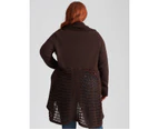Beme Long Sleeve Crochet Shawl Collar Edge To Edge Cardigan - Womens - Plus Size Curvy - Chocolate Onl