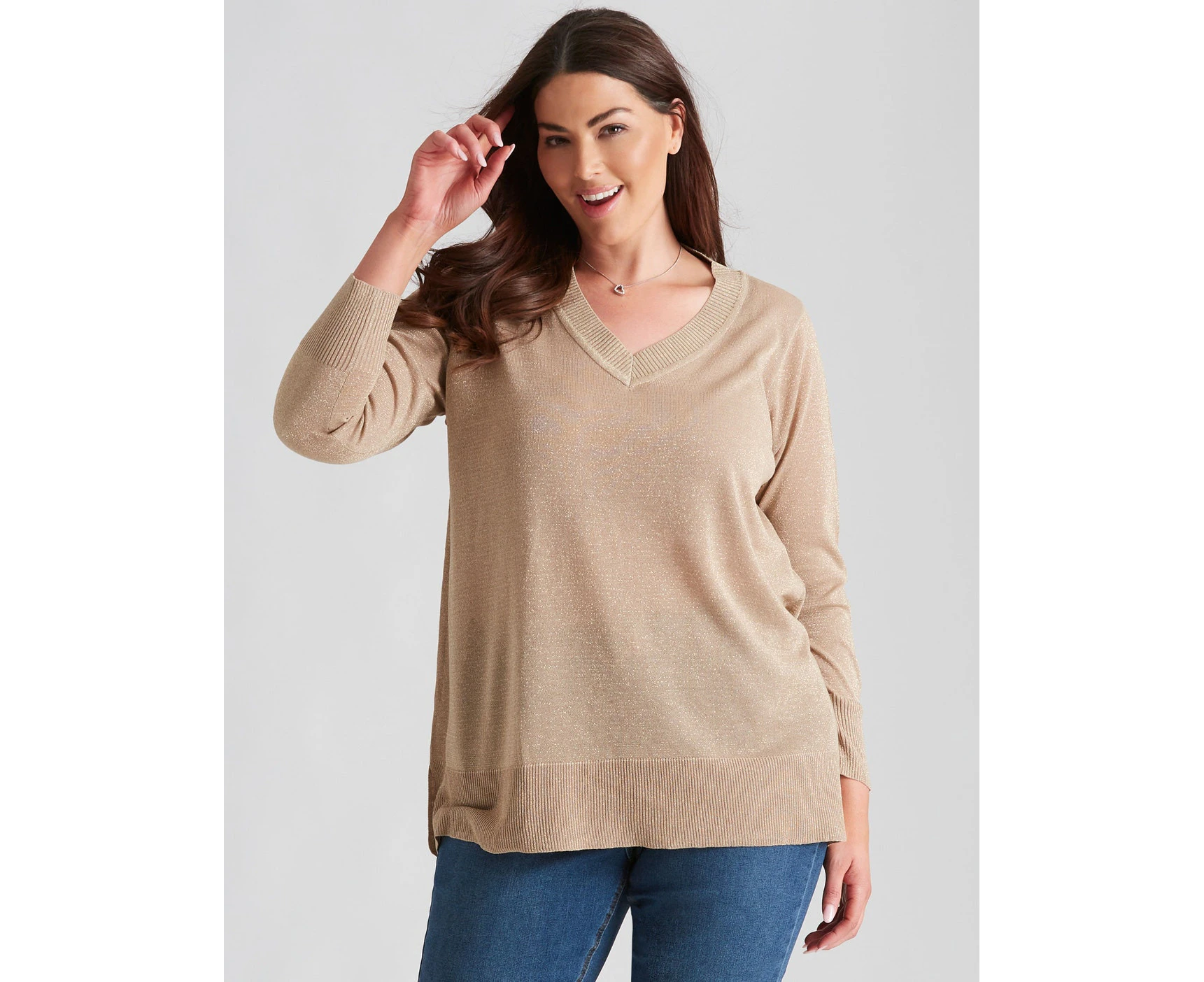 Beme Boat Neck Button Detail Lurex Poncho - Womens - Plus Size Curvy - Taupe