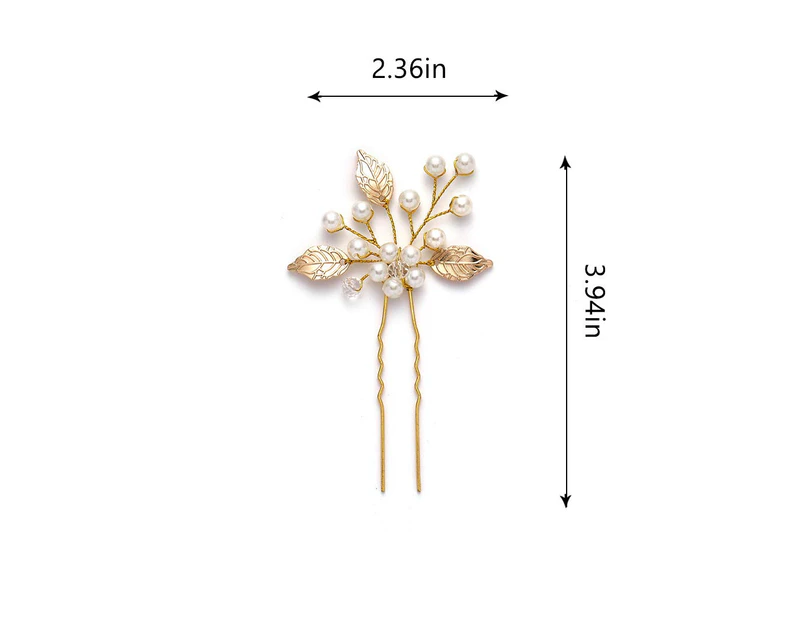 Pearl Bride Wedding Hair Pins Leaf Bridal Head Piece Flower Hair Accessories for Women and Girls (Pack of 3) (Gold)