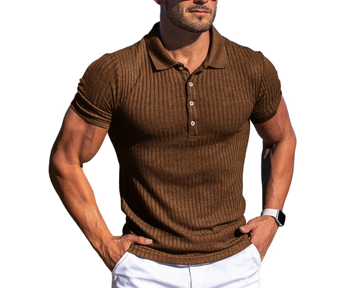 Bonivenshion Men's Muscle Polo Shirts Slim-Fit Short Sleeve T-shirts Quick Dry Shirts for Men Casual Golf Tennis Sports Shirts Workout Shirts - Brown